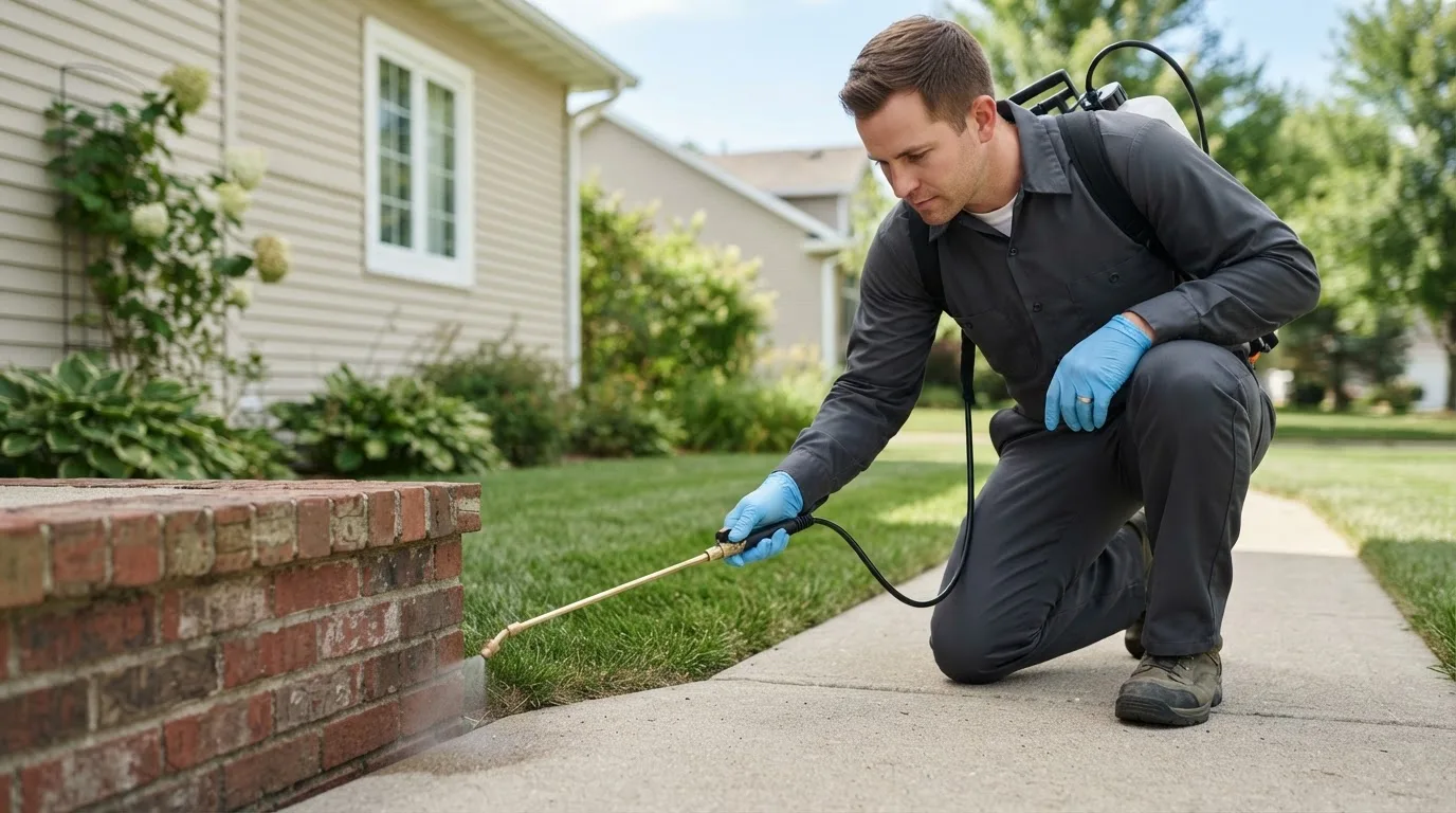 Pest control technician treating a home near Albin, WY